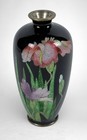 Antique Japanese Meiji Cloisonn   Vase 4 8   black Ground Iris Flowers Elegant Form