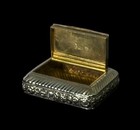 Antique English Sterling Silver Snuff Box Repouss     Engraved With Gold Interior