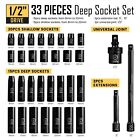 33pcs 1 2 Inch Drive Deep Impact Socket Set  Metric 8-22mm 5  10  Extension Bars