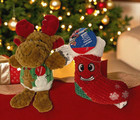 Lot Of 2 Holiday Time Dog Squeak Toys - Moose   Red Happy Stocking Christmas New