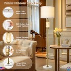 Natural Alabaster Floor Lamp With Linen Shade  Marble Base  Night Light Included