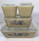 Vintage Pyrex    homestead     Refrigerator Set W lids-501 502 503 Beige blue Euc