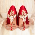 Women Metal Flower Stiletto Heel Pointed Toe Satin High Heel Wedding Shoes
