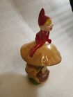 Vintage Pixie Sitting  On Lg Mushroom With Smiling Caterpillar Gnome Elf 3 5 x5 