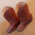 Vtg 1950s Kids Cowboy Boots Brown Leather Star Inlay Square Toe Toddler Sz 4 5
