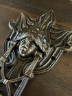 Art Nouveau Cast Iron Door Knocker     Vintage Female Mask   Cherub On Swing