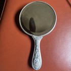 Art Nouveau Ornate Floral Cherub Antique Silverplate Hand Mirror Read Descr