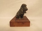 Vintage Metal Bassett Hound Figurine Paper Weight On Wood Base Estate Find