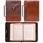 Large Brown Zippered Bible Cover Durable Faux Leather With Slip Pockets And L   
