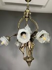 Antique French Bronze Louis Xv Figural 7 Lights Chandelier -frosted Glass Tulips