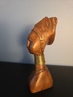 Wooden African Tribal Female Bust Sculpture Figurine Brass Necklace