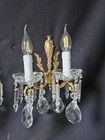Vintage Antique Pair French Empire Brass Crystal 2 Light Sconces Wall Lights