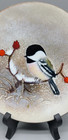 Vintage Norman Brumm 6  Enamel On Copper Plate Chickadee Red Berries Signed