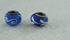 925 Sterling Silver Core Blue Glass European Charm Beads White Swirl Pair Lot 