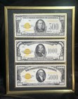Large Denomination U s  Currency Display - Framed   Matted -  500- 1000- 5000