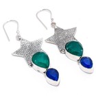 Green Onyx   Blue Sapphire Earrings 925 Sterling Silver Handmade Star Dangle