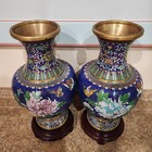 Set Of 2 Antique Chinese Cloisonne Enamel - Brass Floral Vases W  Wooden Bases