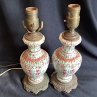 Pair Antique Chinese Export Porcelain Lamps Vases Hand Painted Famille Rose