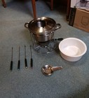 Roshco 9 Pc Set Stainless Steel Fondue Chocolate Cheese Dessert Stoneware Bowl 