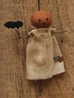 New   Primitive Patches Pumpkin Girl Doll With Bat Aged Rustic Fabric 7 t 4 75 w