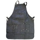 Denim Work Apron With Leather Straps  Barista Barber Utility Pocket Apron