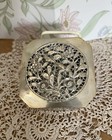 Vintage Japanese Pierced Metal Trinket jewel Box Floral Relief Lid Mid Century