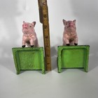 Vtg Pair Pig Bookends Cast Iron Pink Green Farmhouse Cottagecore Rustic Decor