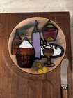 Mid Century Enamel   Teak Tray With Knife Vintage Danish Style Cheese Board