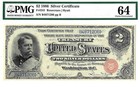 1886  2 Silver Certificate Fr  241 Pmg Choice Unc 64
