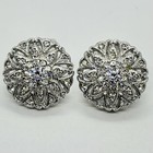 Vtg Art Deco Clear Crystal Flower Pave Set Filigree Silvertone Earrings Clip