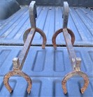 Antique Pair Wrought Iron Home Fireplace Fire Hearth Horse Shoe Statue Andirons