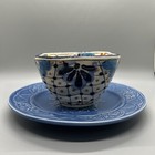 Bordallo Portugal Pinheiro Blue Floral Embossed  Plate Arche Flower Ice Dip Bowl