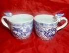 Vintage Pair Blue   White Chinese Porcelain Dragon Handled Coffee Tea Mug Cup
