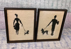 Vintage French Needlepoint Silhouettes Woman Man Dogs Art Wooden Frames