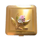 Vintage Powder Compact Dorset Cermiac Flower Lid And Brass  Puff Unused  254