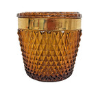 Vintage Indiana Glass Amber Diamond Point Ice Bucket With Lid Mcm Gold Band