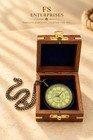 Vintage Nautical Brass Pocket Watch With Chain   Wooden Box  Roman Numeral Dial
