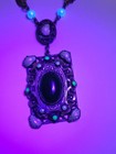 Vintage Antique Pendant Necklace Glowing Green Glass Pearl Shell Detail