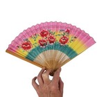 Vintage Foldout Paper Hand Fan  Wood Flowers Pink Yellow Green Red