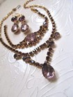 Vtg Lavender   Purple Amethyst Rhinestone Necklace Bracelet   Clip Earrings Set