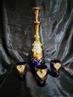 Vtg Czech Bohemian Cobalt Blue   Gold Enamel Flowers Decanter  Glasses   Plate