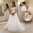 Elegant A-line Wedding Dresses Scoop Neck Long Sleeved Lace Applique Bridal Gown