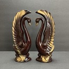 Vintage Mcm Redware Swan Figurines W  Matching Dish Brown Gold Japan Art Deco