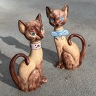 Pair Of Vintage Siamese Cat Figurines Hand Painted 1950s Cat Lovers Blue Accents