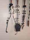 Vintage 1950s Wrought Iron Fireplace Tool Set Wall Hanger Brass Mid Century