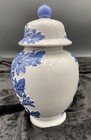 Italian Majolica Ceramic Lidded Urn  Embossed Blue Flowers  7 2   Stamped