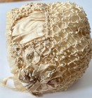 Antique Edwardian Ivory Crochet Baby Bonnet W  Cream Silk Ribbon Rosettes