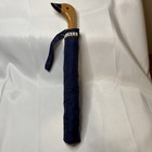 Vintage 1980s Navy Raines Premier Wood Duck Handle Push Button Compact Umbrella