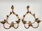 Pair Vintage Tole Gilt Metal Floral Wall Candelabra 14   x10   