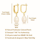 14k Real Solid Gold 12mmx8mm Natural Freshwater Pearl Dangle Drop Oval Earrings
